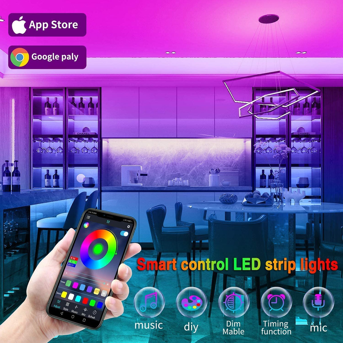 Tenmiro Led Lights for Bedroom 100ft(2 Rolls of 50ft) Smart Music Sync Color Changing LED Strip Lights with App and Remote Control RGB LED Strip, LED Lights for Room Home Party Decoration 🍁 All In One Marketplace Canada