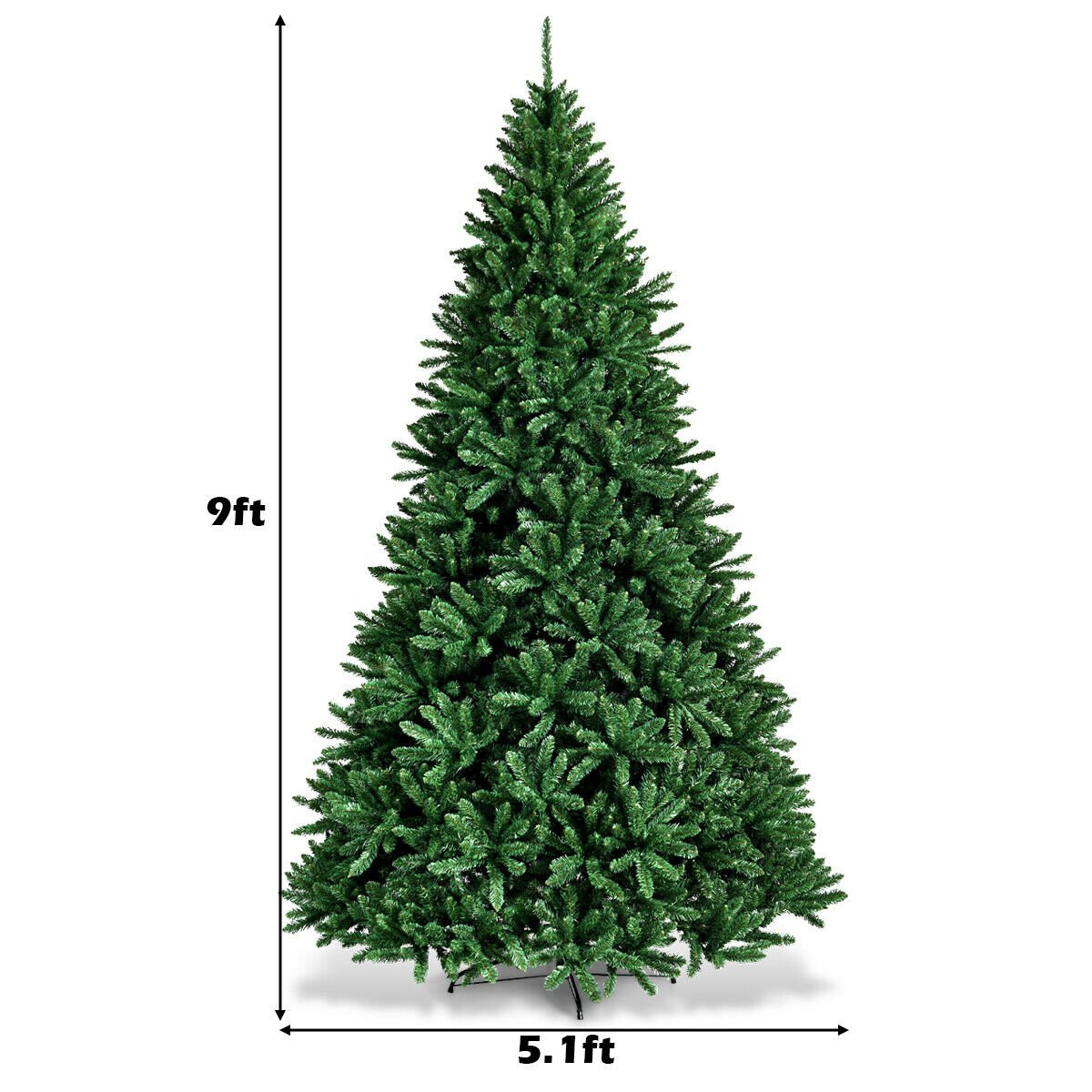 9 FT Artificial Christmas Tree, Unlit Hinged Xmas Tree with 3594 Branch Tips and Metal Stand
