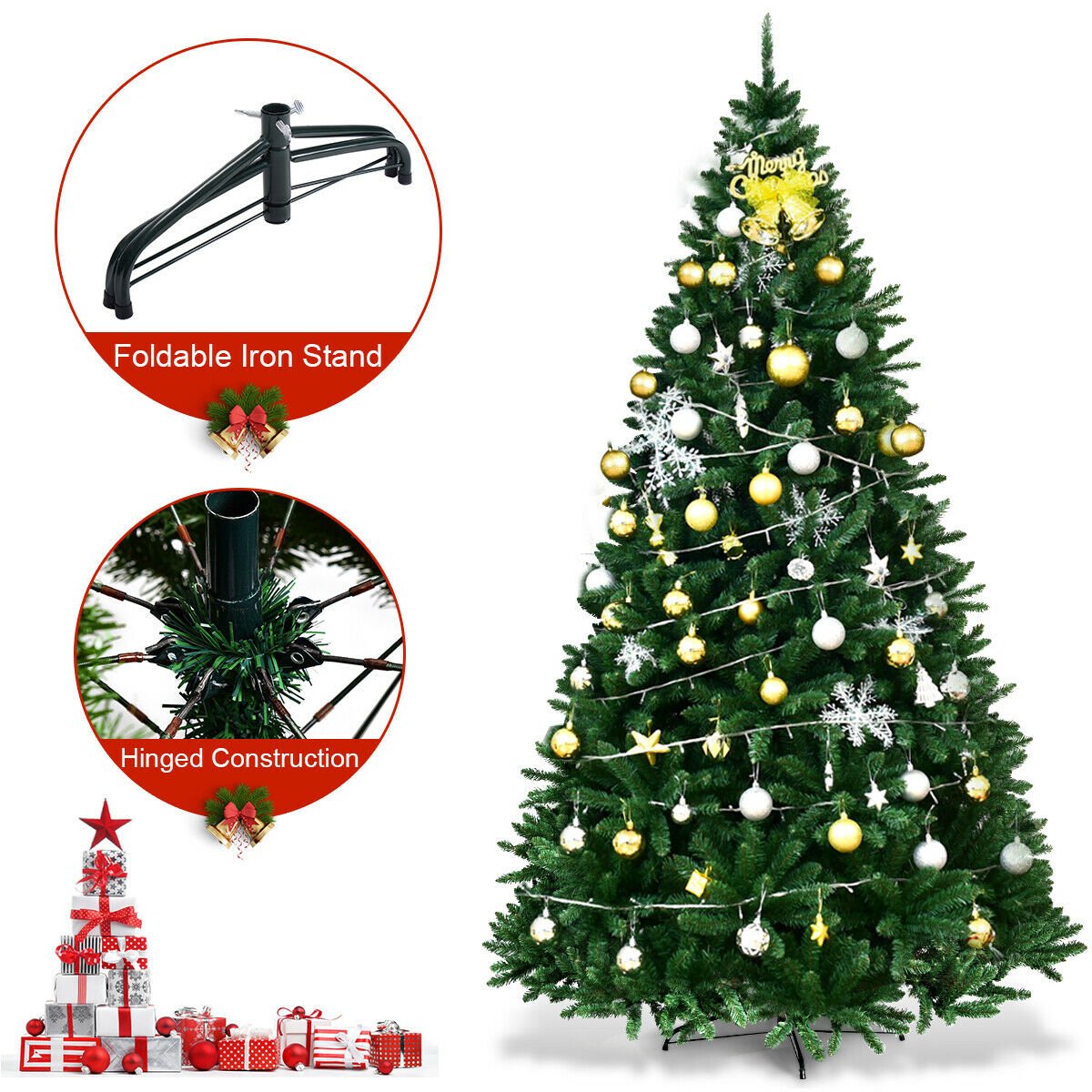 9 FT Artificial Christmas Tree, Unlit Hinged Xmas Tree with 3594 Branch Tips and Metal Stand