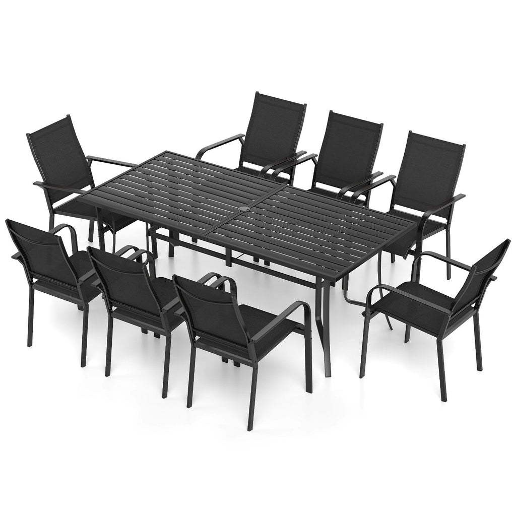 9 Piece Metal Patio Dining Set for 8 with Stackable Mesh Chairs and 76 in Table, Black