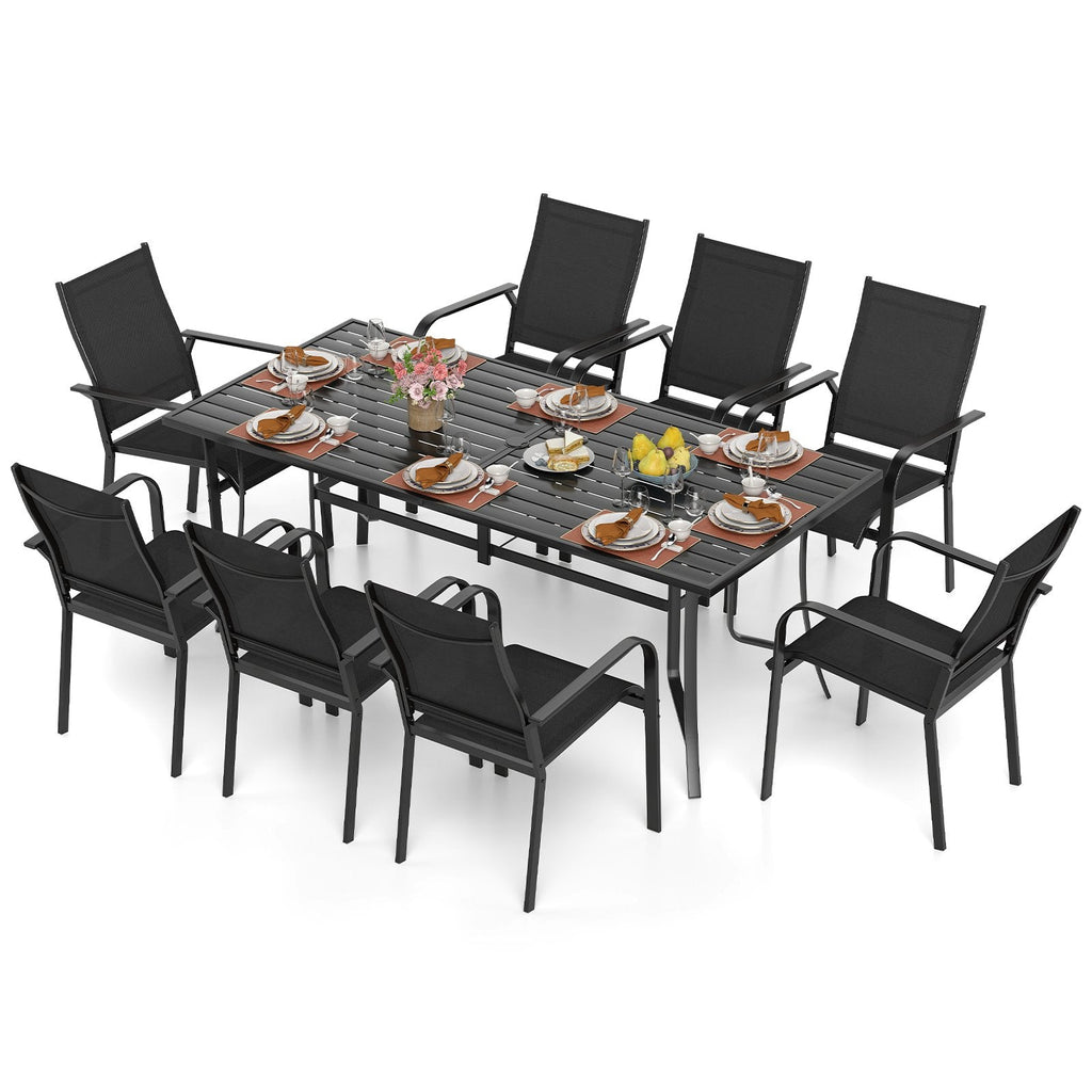 9 Piece Metal Patio Dining Set for 8 with Stackable Mesh Chairs and 76 in Table, Black