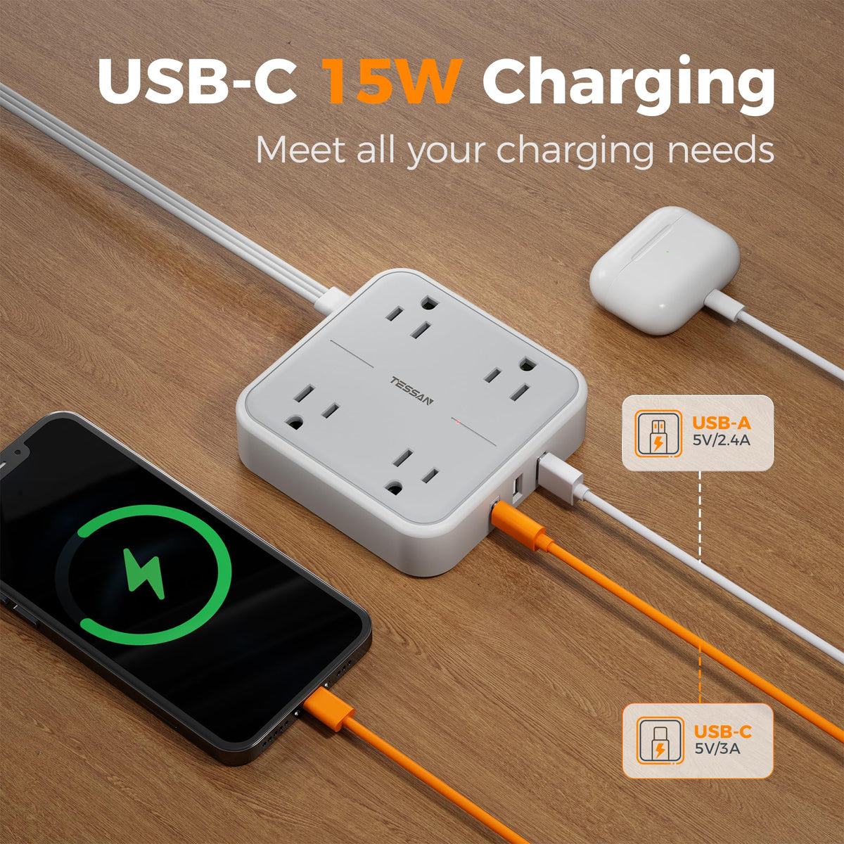 Flat Plug Extension Cord Indoor 5 Ft, Power Bars with Surge Protector, TESSAN Power Strip with 4 Multiple Outlets 3 USB Ports (1 USB C), Surge Protection for Dorm Room Home Office, Gray 🍁 All In One Marketplace Canada