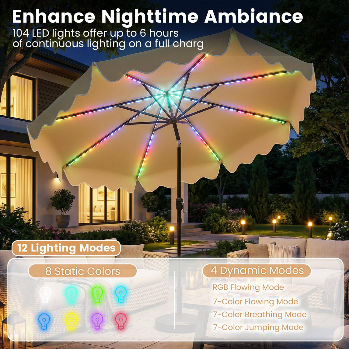 9 Feet Solar Patio Umbrella with Color-Changing LED Lights-Beige
