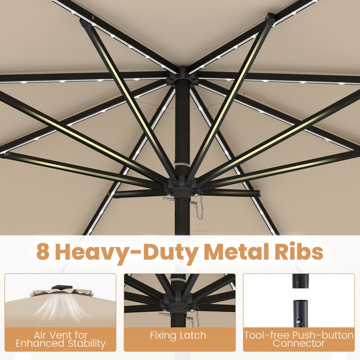 9 Feet Solar Patio Umbrella with Color-Changing LED Lights-Beige