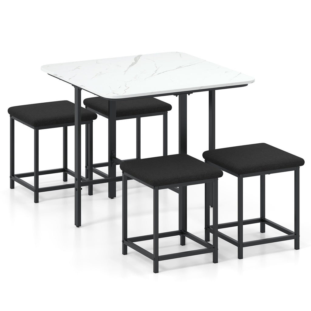 Dining Table Set with 4 Upholstered Stools and Metal Frame-White