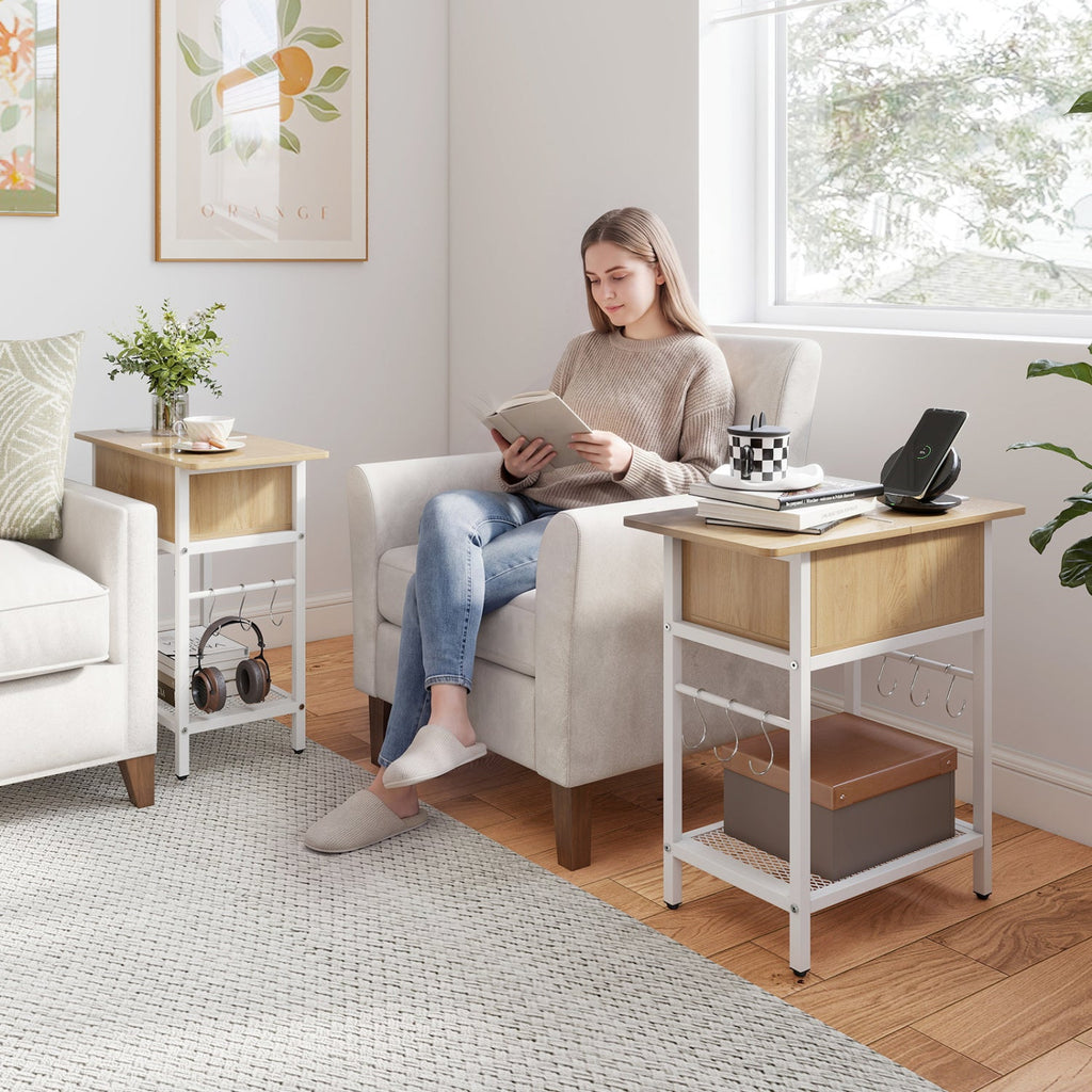 End Table with Charging Station USB Ports Outlets and Flip Top-Natural