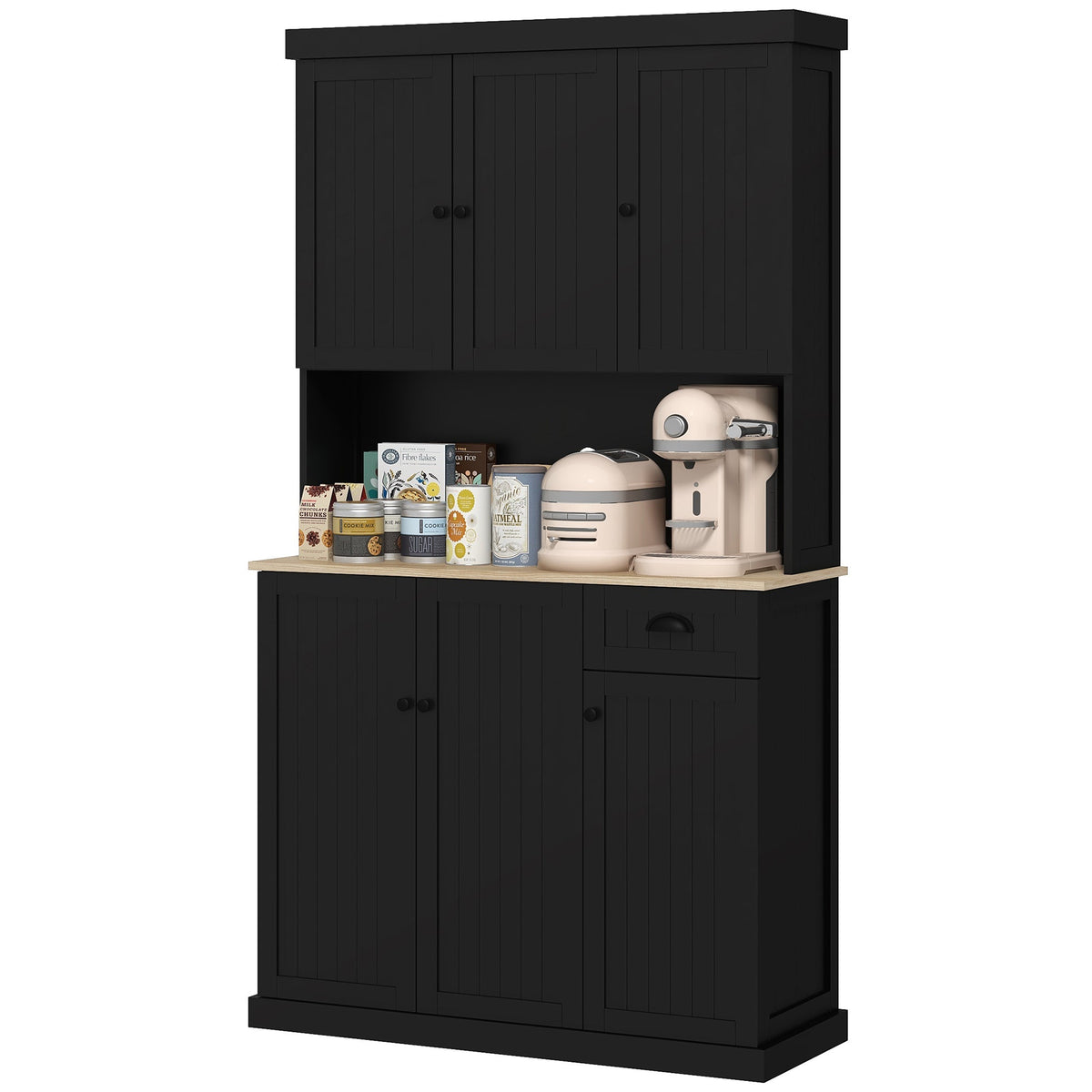 71" Kitchen Pantry Buffet with Hutch Storage Cabinet Microwave Oven Stand with Drawer, Black