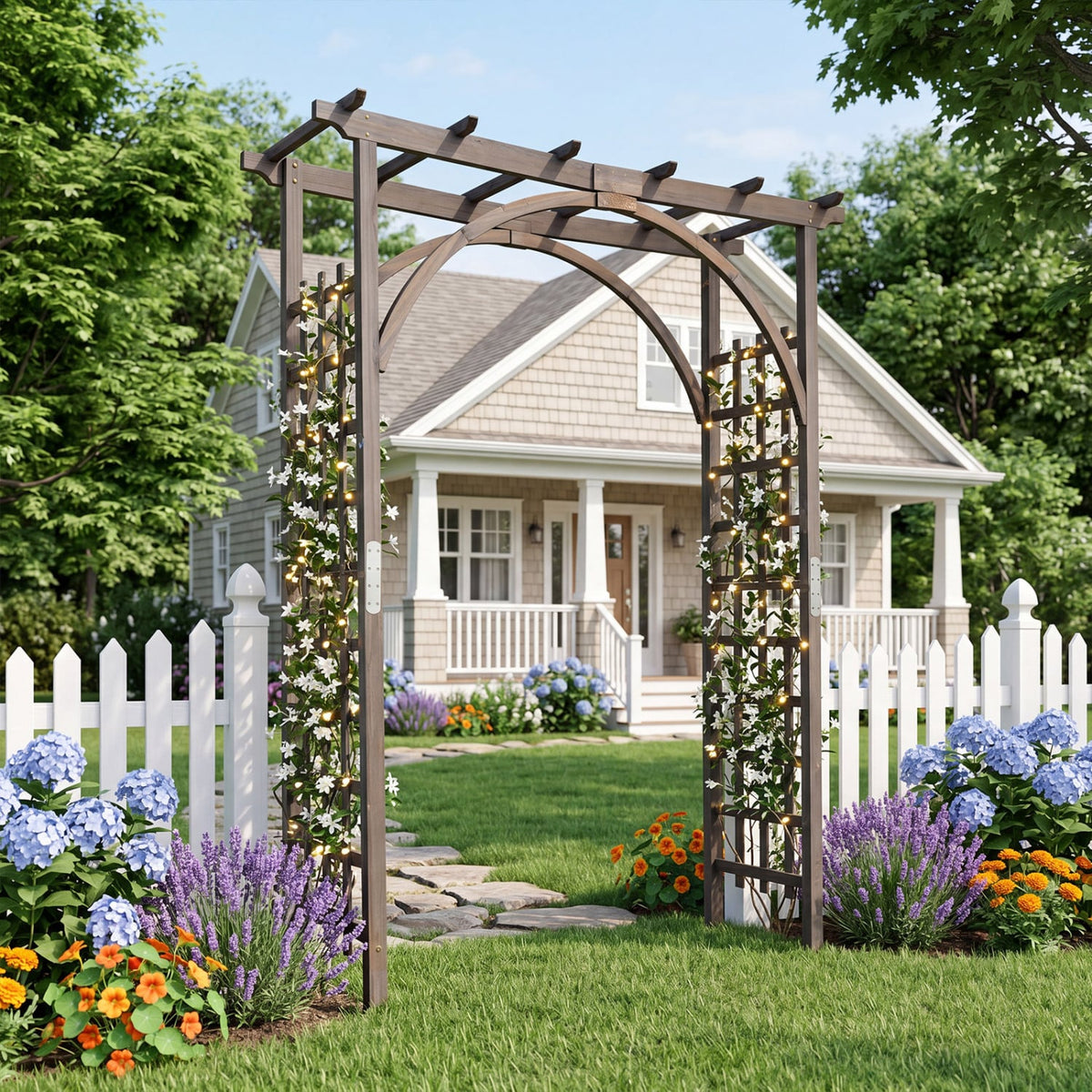Flat Top Garden Arch Trellis 85 inches Tall Wood for Climbing Plants and Wedding-Brown