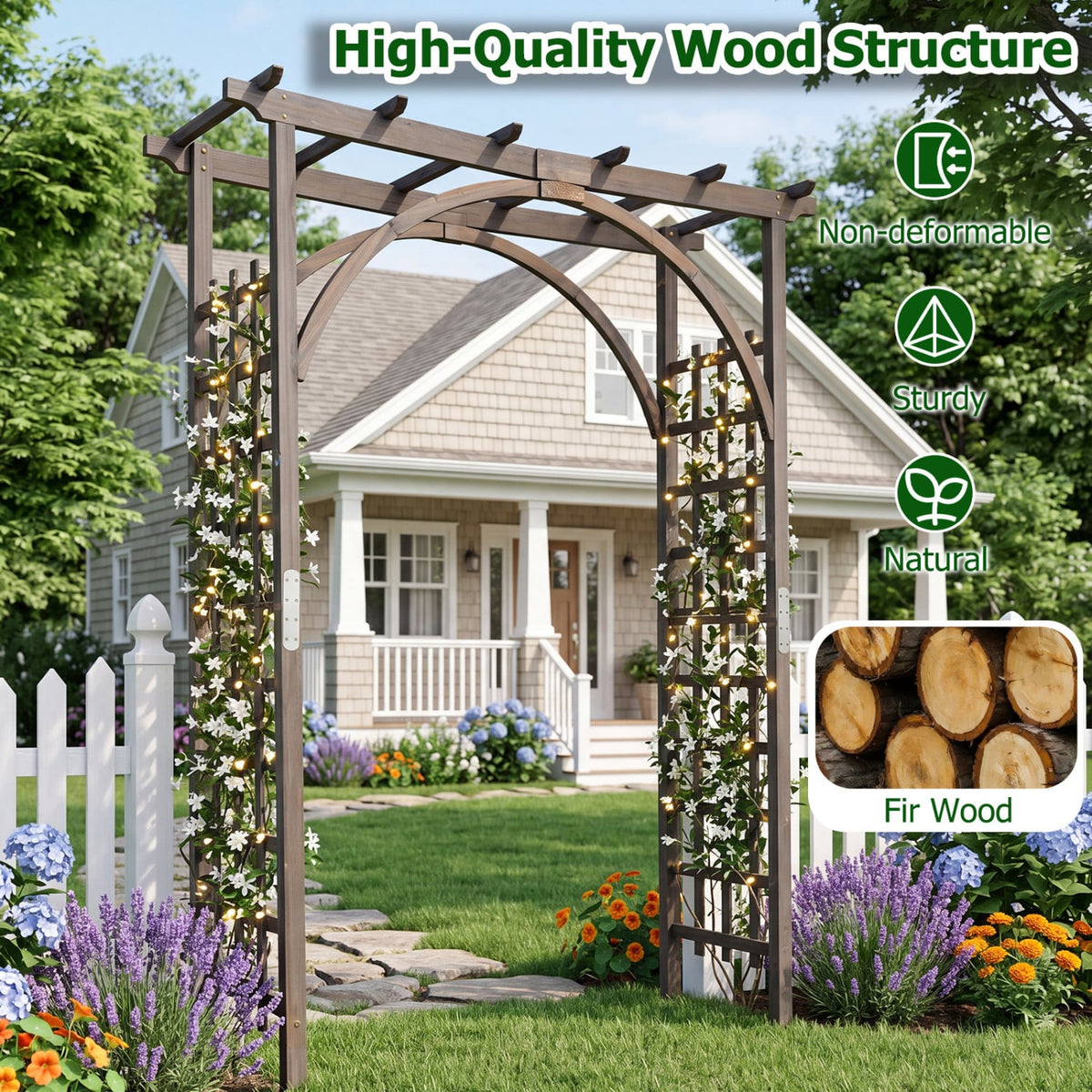Flat Top Garden Arch Trellis 85 inches Tall Wood for Climbing Plants and Wedding-Brown