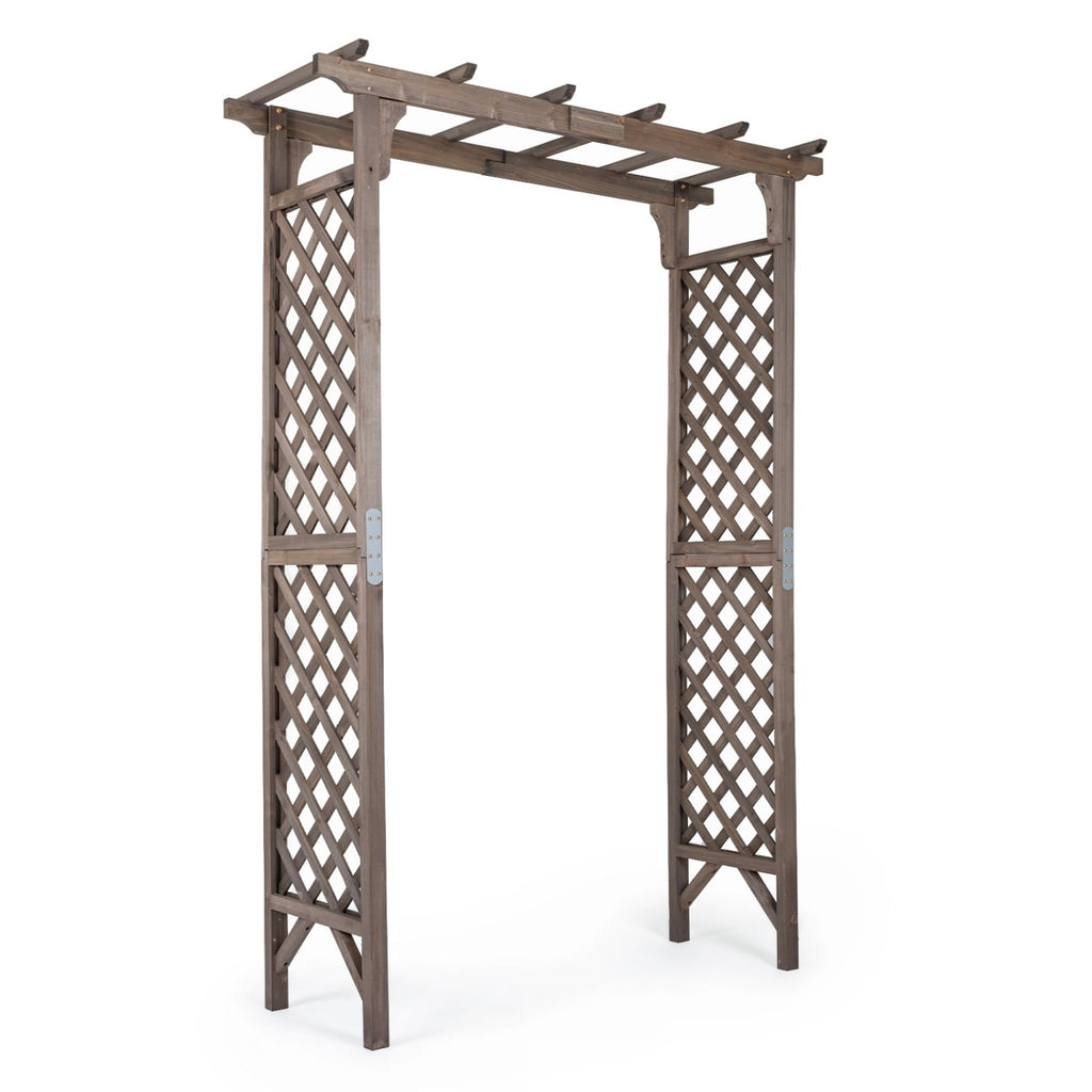 Flat Top Garden Arch with Gate 85 inches Tall Wood for Climbing Plants and Wedding-Brown
