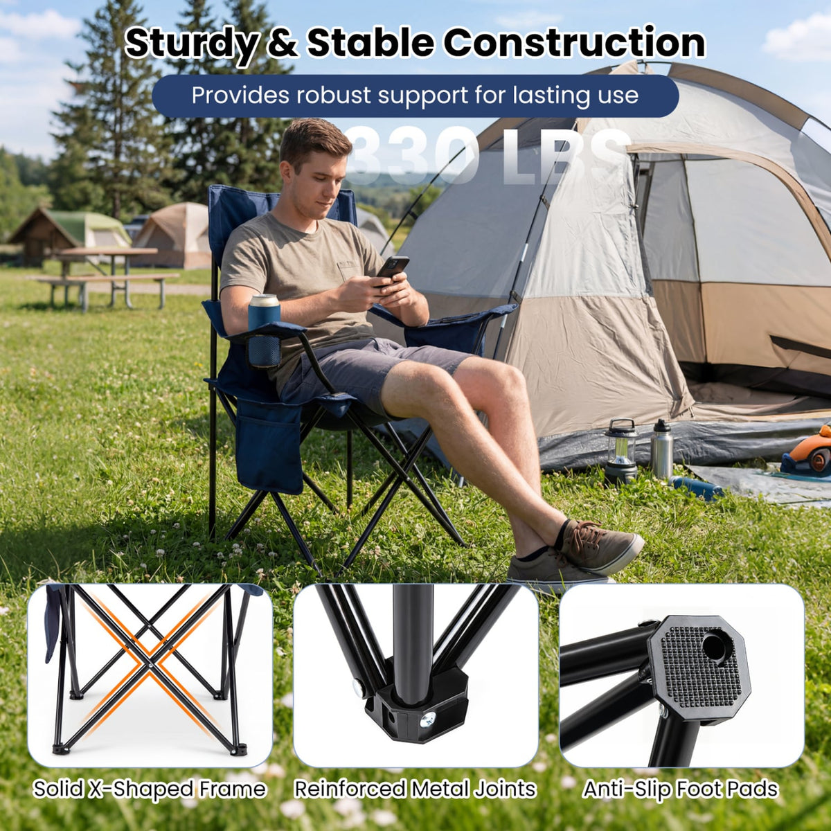 Folding Camping Chair with Mesh Fabric Backrest Solid Metal Frame and Carrying Bag-Blue
