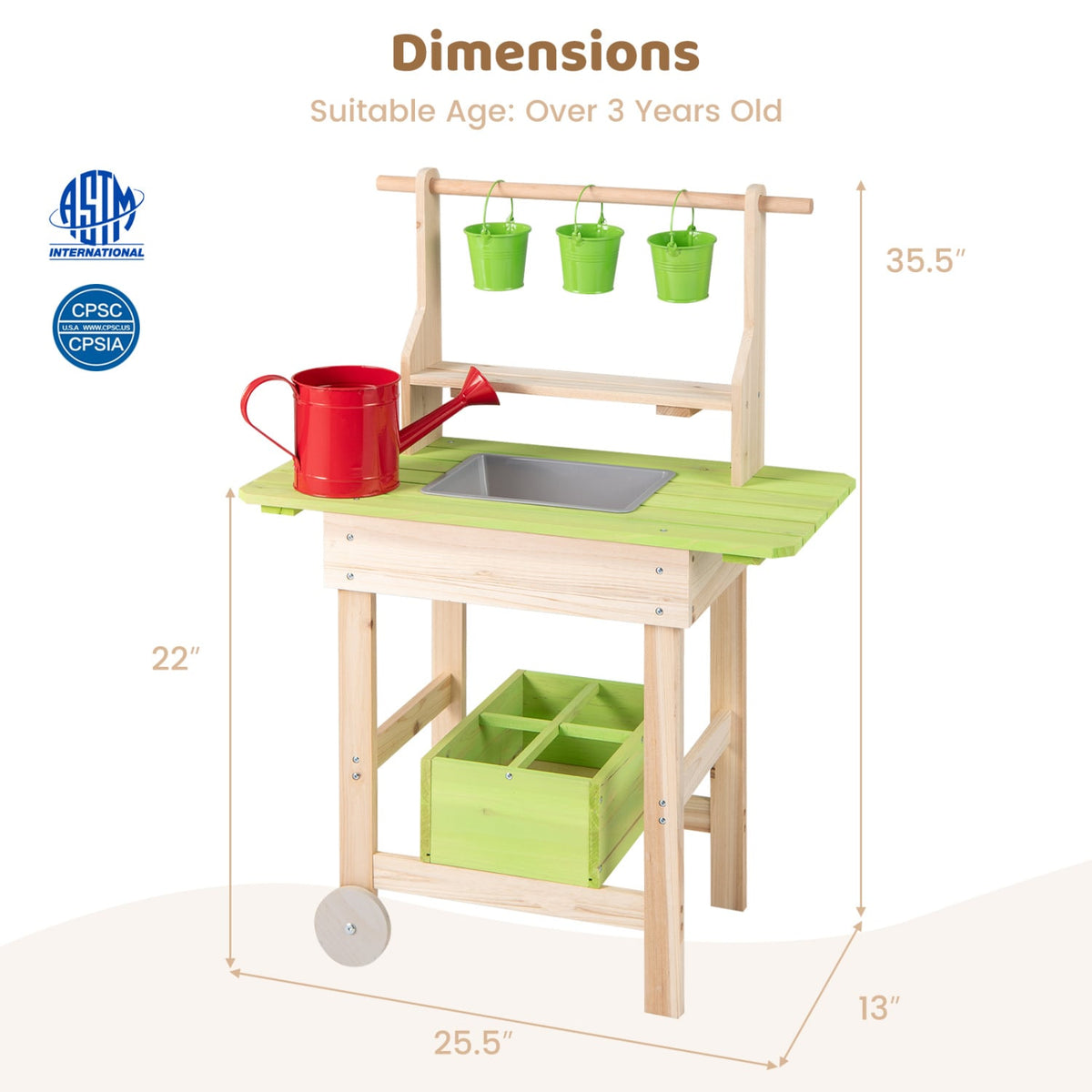 Kids Mud Kitchen with Removable Pots, Watering Can Planting Trough and Storage Box-Natrual