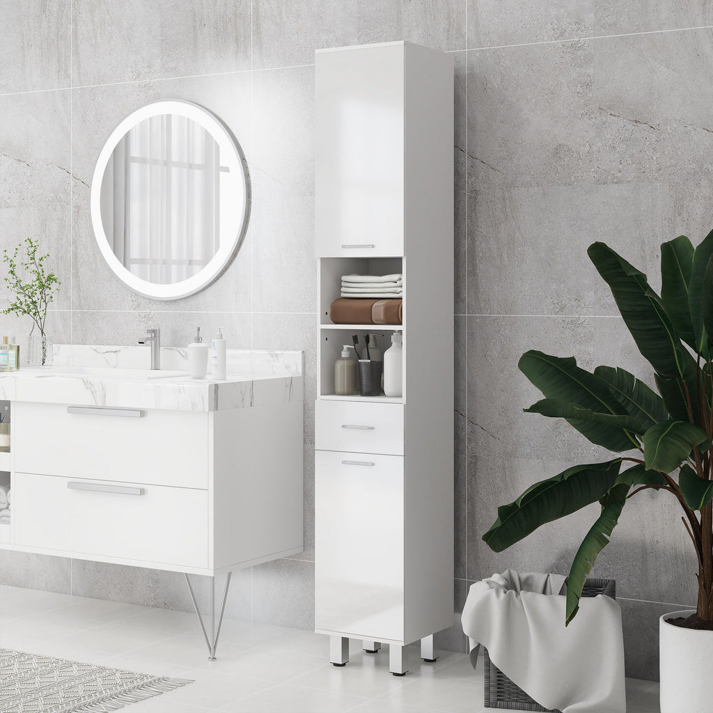 71" Tall Bathroom Storage Cabinet, Narrow Linen Tower with Drawer, Open Shelves, 2 Doors Cabinets and Adjustable Shelves, High Gloss White