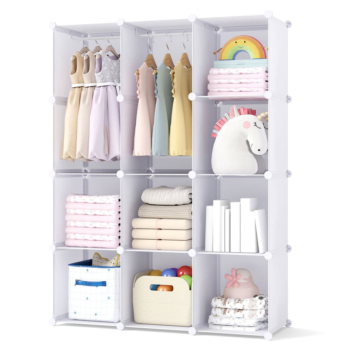 Modular Baby Wardrobe with 10 Cubes & Hanging Rod and Shelves Stackable-White