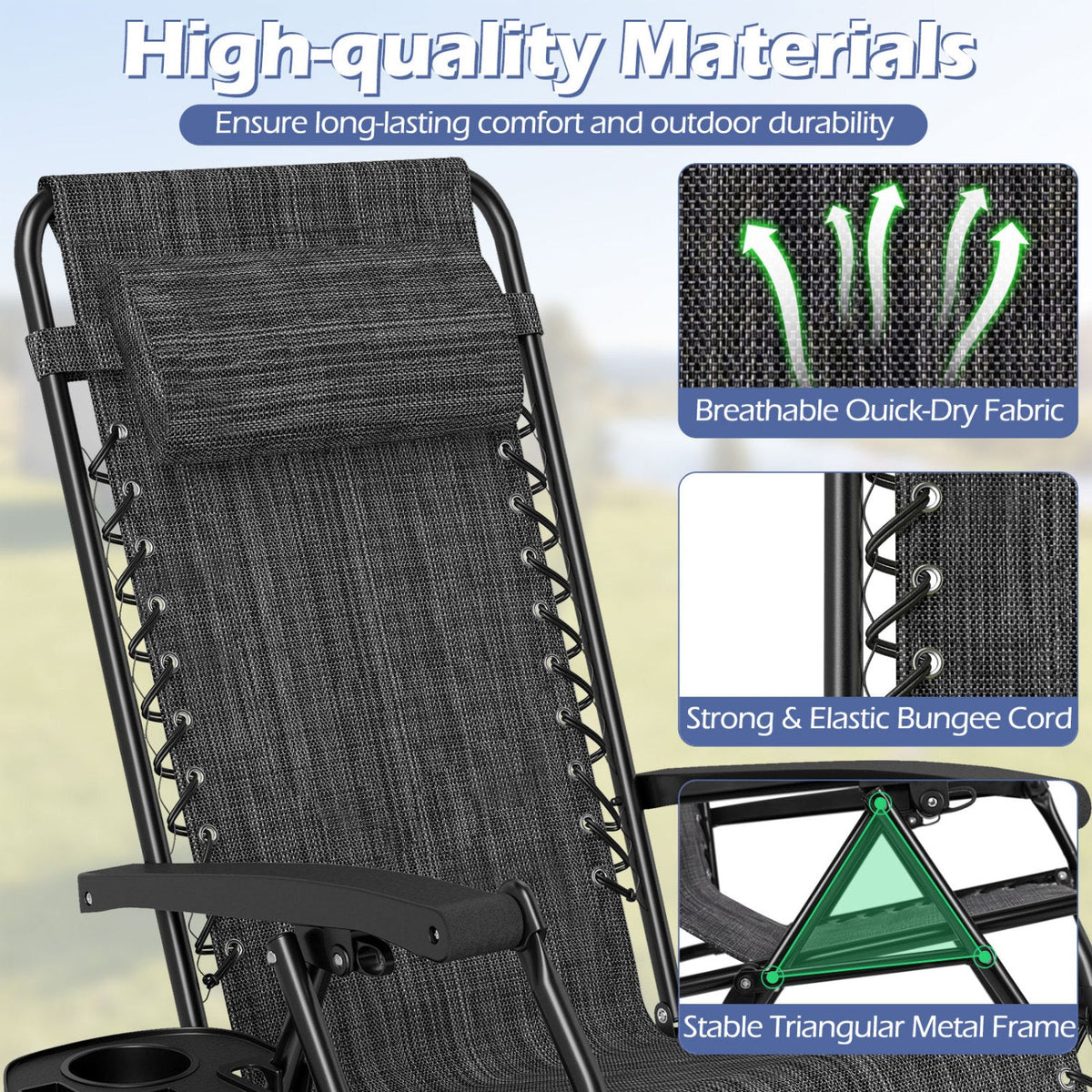 Portable Zero Gravity Chairs with Cup Holder Trays and Backrest-Gray