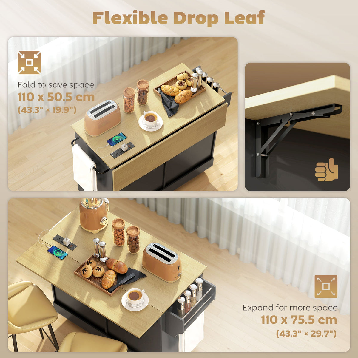 Kitchen Island Cart with Charging Station and Drop Leaf, Kitchen Island Table on Wheels with Trash Can Cabinet, Black