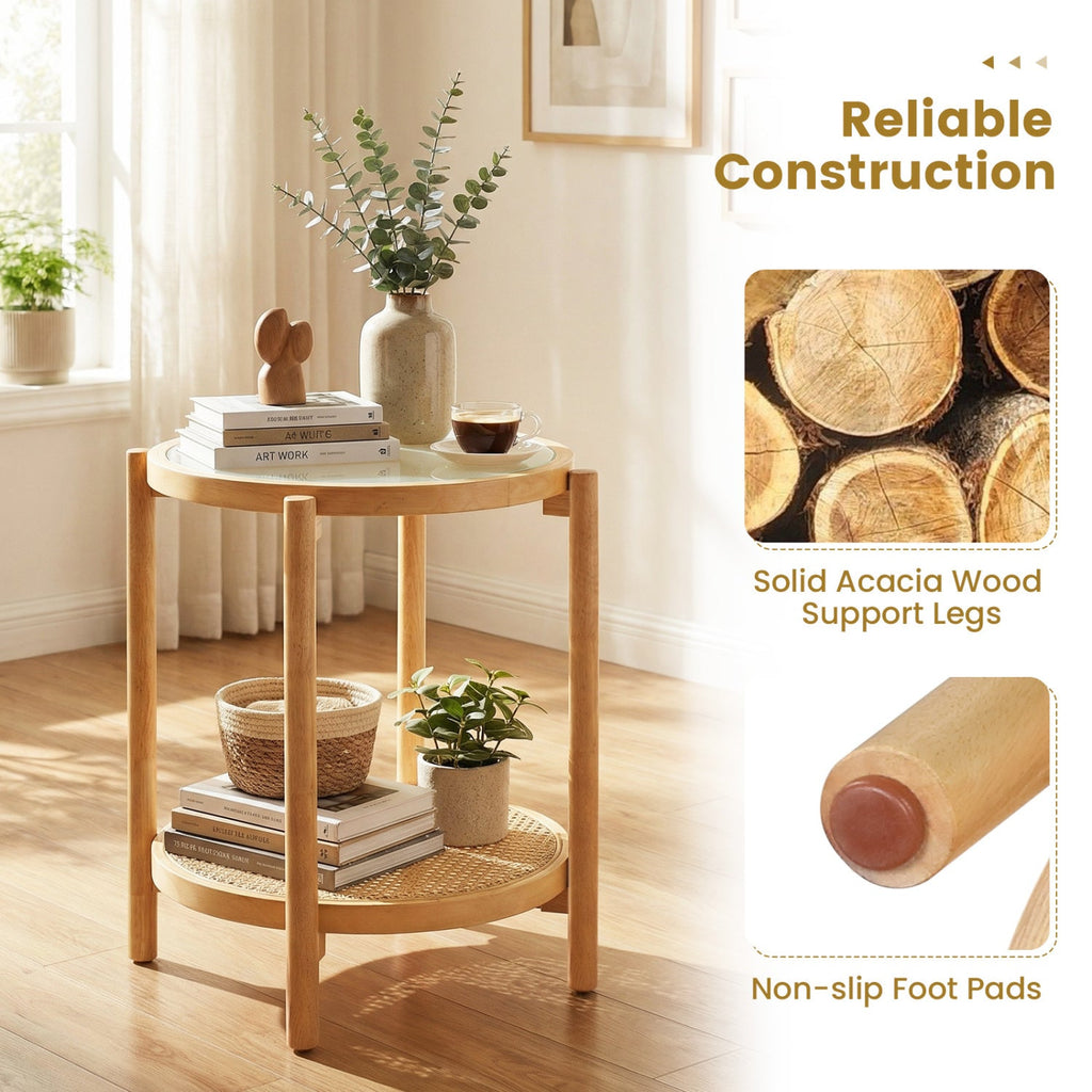 Round Side Table 2-Tier Boho End Table with Tempered Glass Top-Natural