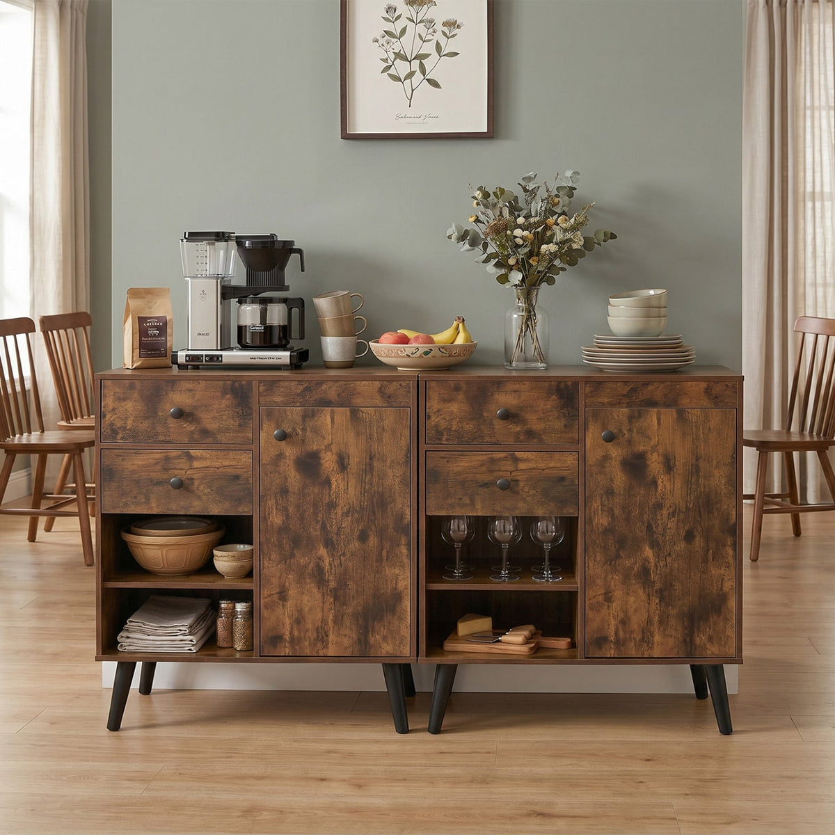 Set of 2 31 inches Buffet Cabinet with 2 Drawers and Open Compartments for Kitchen-Rustic Brown