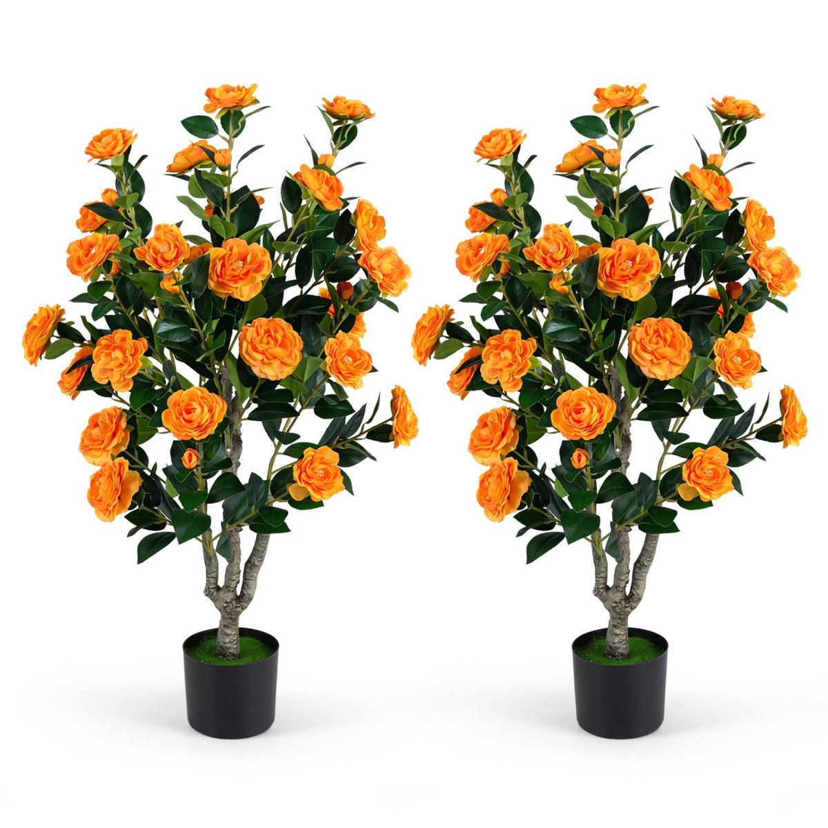 Set of 2 39.5 inches Artificial Camellia Tree with Orange Blossoms in Cement Pot for Decoration-Orange