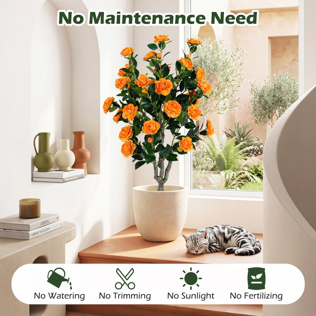 Set of 2 39.5 inches Artificial Camellia Tree with Orange Blossoms in Cement Pot for Decoration-Orange