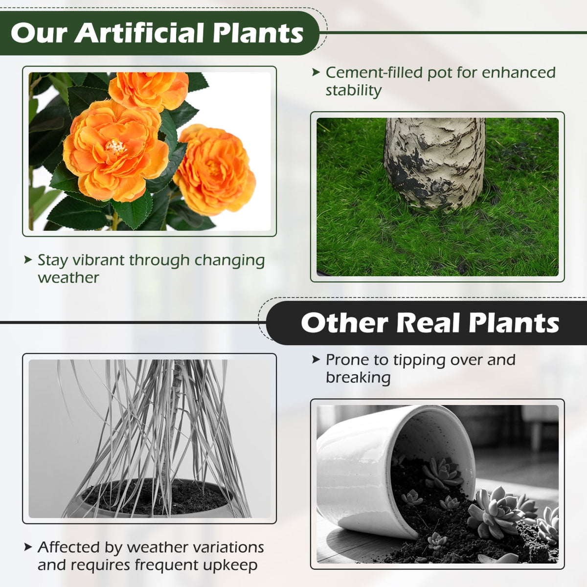 Set of 2 39.5 inches Artificial Camellia Tree with Orange Blossoms in Cement Pot for Decoration-Orange