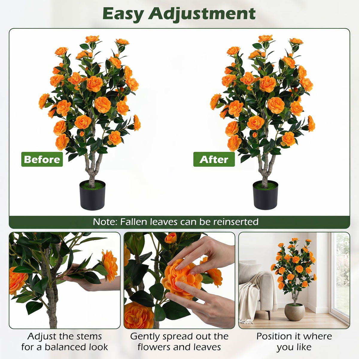 Set of 2 39.5 inches Artificial Camellia Tree with Orange Blossoms in Cement Pot for Decoration-Orange