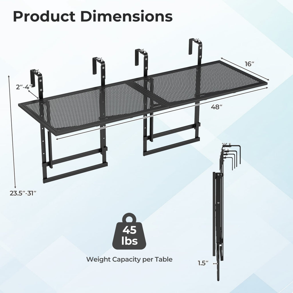 Set of 2 48 inches Balcony Railing Table with 5-Level Adjustable Height for Patio and Deck-Black