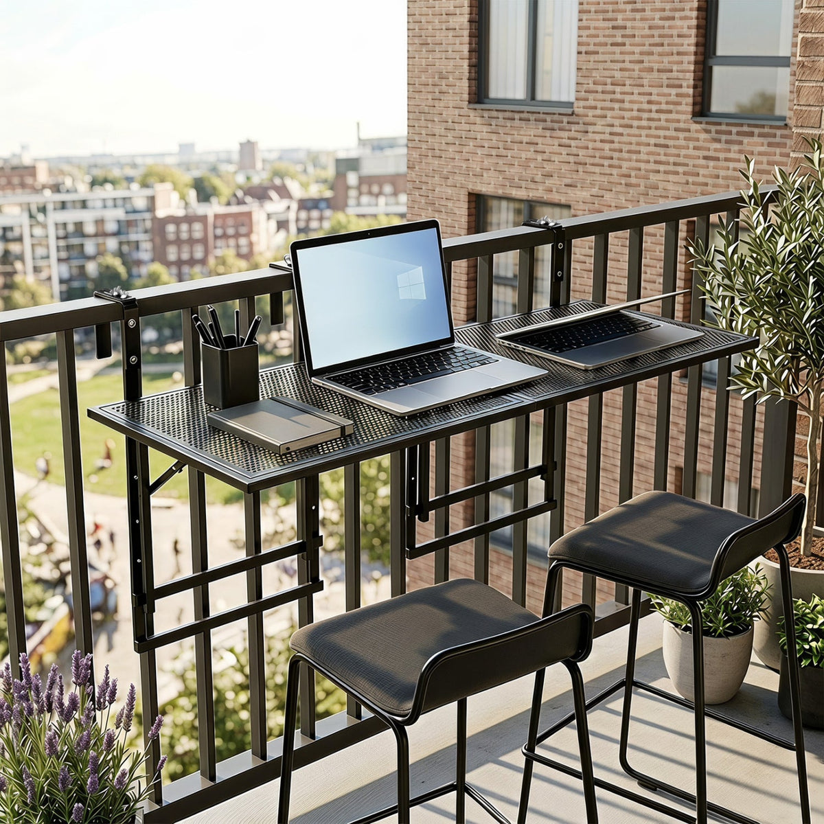 Set of 2 48 inches Balcony Railing Table with 5-Level Adjustable Height for Patio and Deck-Black