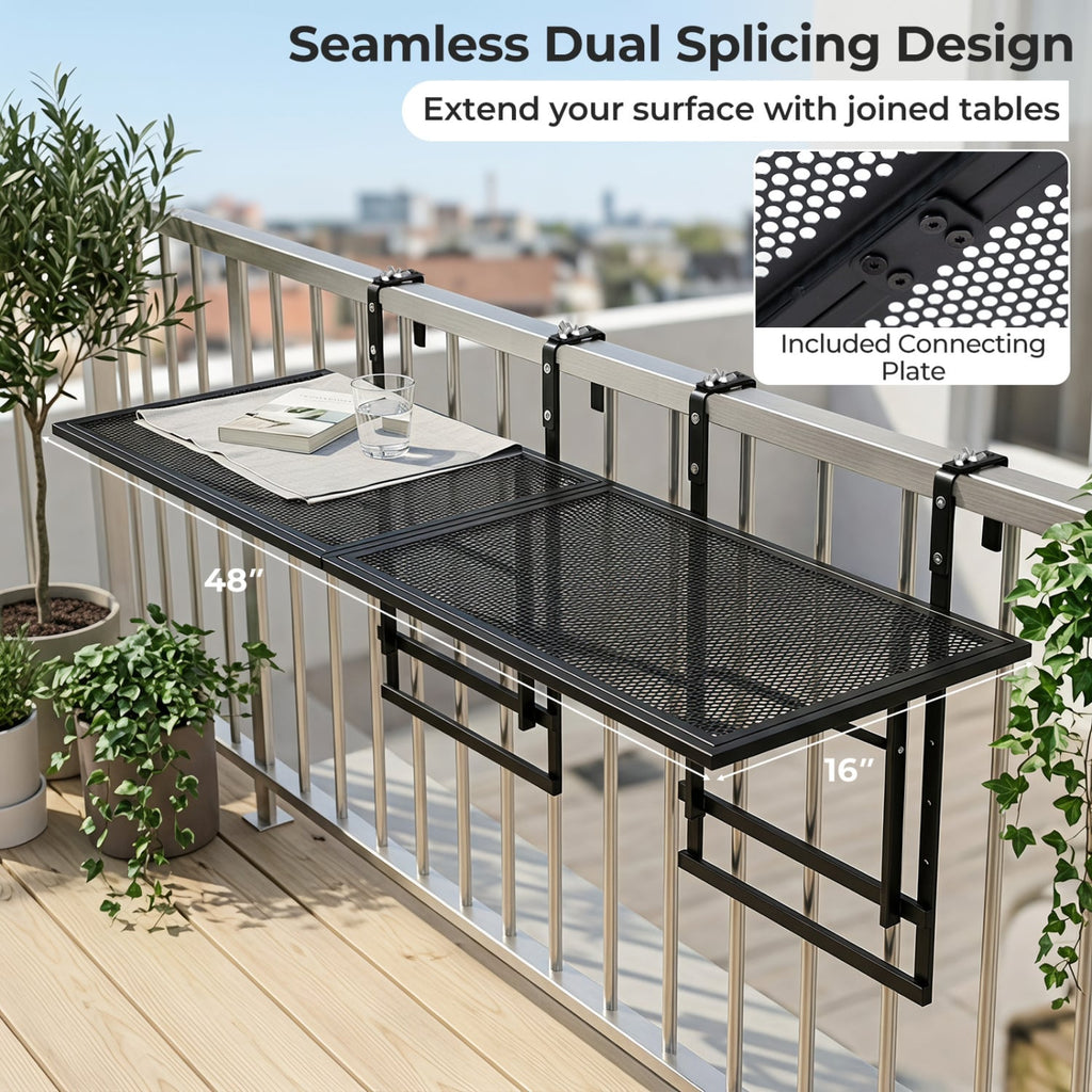 Set of 2 48 inches Balcony Railing Table with 5-Level Adjustable Height for Patio and Deck-Black