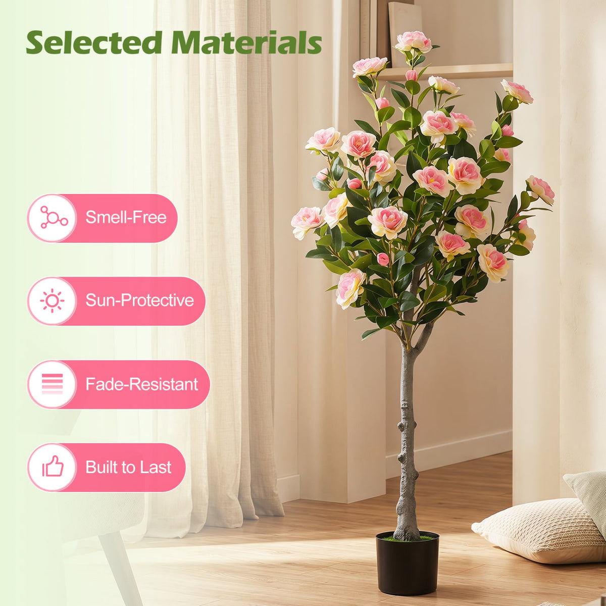 Set of 2 Artificial Camellia Tree with 27 Blossoms in Cement Pot for Home
