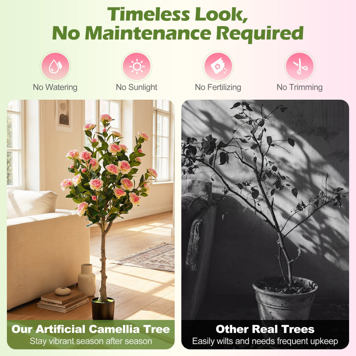 Set of 2 Artificial Camellia Tree with 27 Blossoms in Cement Pot for Home