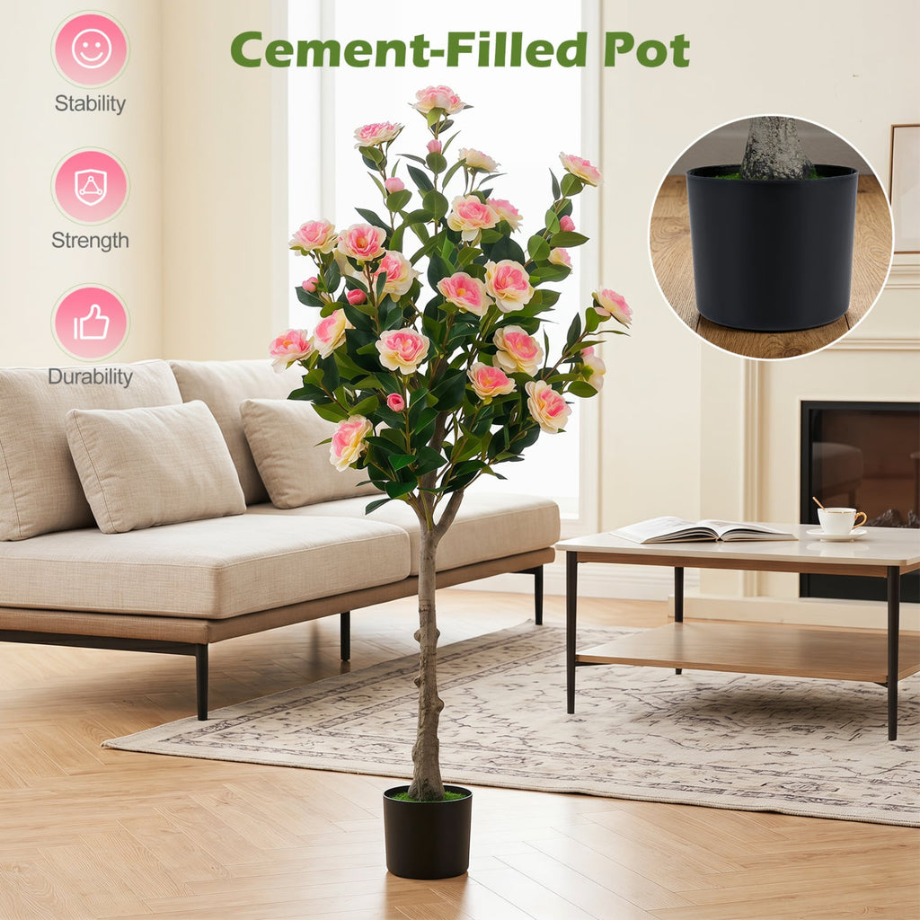 Set of 2 Artificial Camellia Tree with 27 Blossoms in Cement Pot for Home