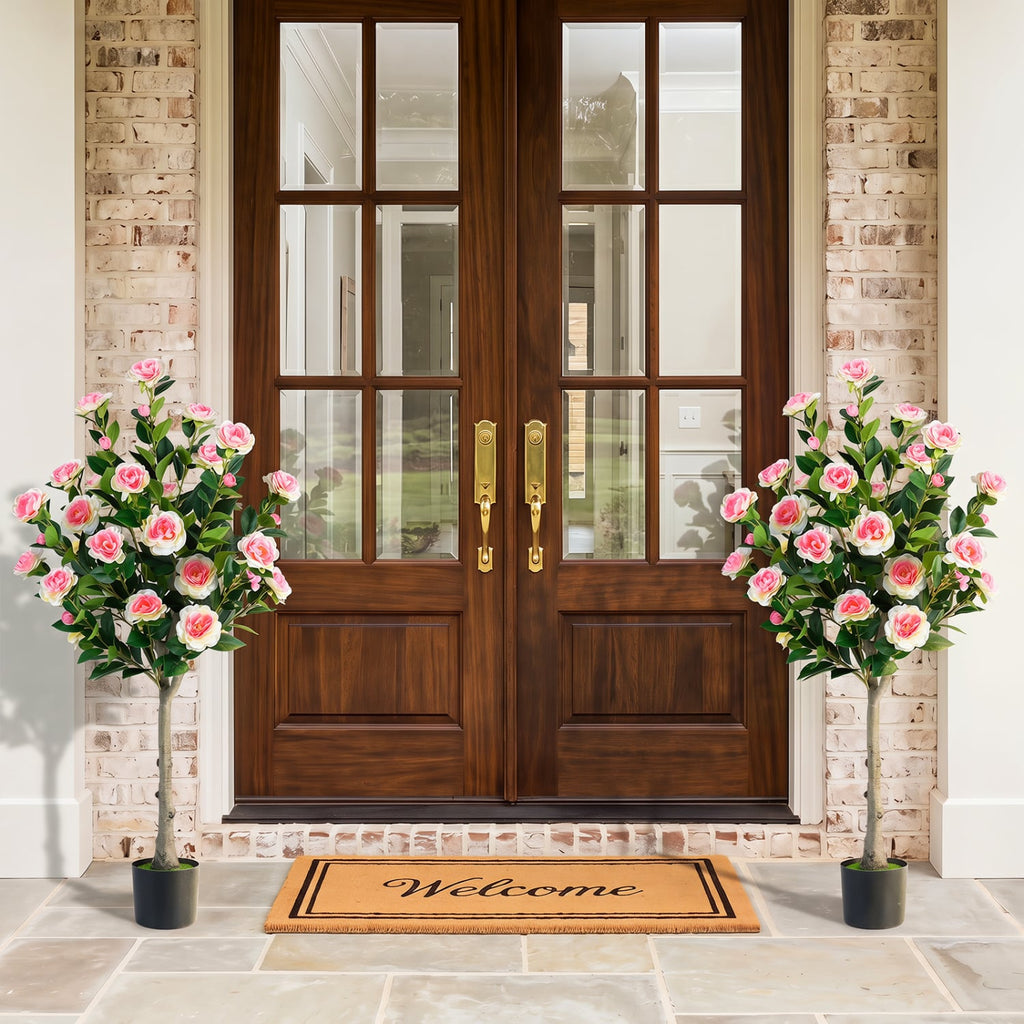 Set of 2 Artificial Camellia Tree with 27 Blossoms in Cement Pot for Home