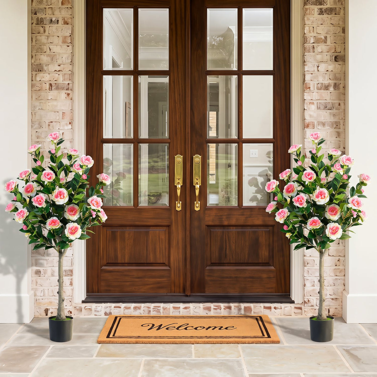 Set of 2 Artificial Camellia Tree with 27 Blossoms in Cement Pot for Home