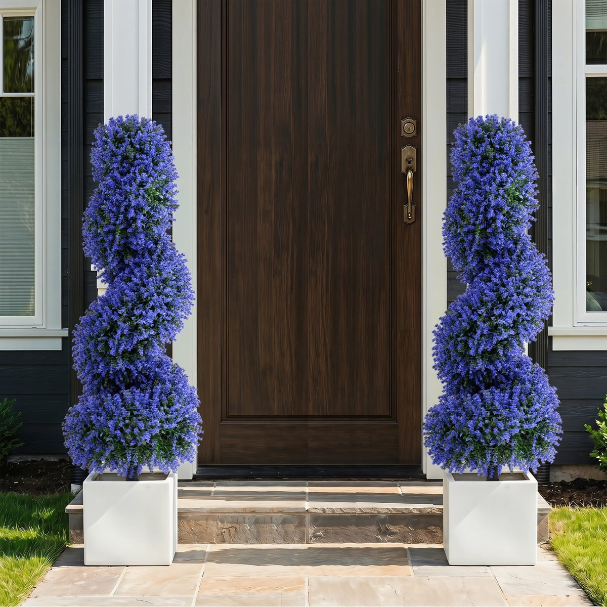 Set of 2 Artificial Spiral Topiary Trees with Sun Protection and Ground Spikes-Purple
