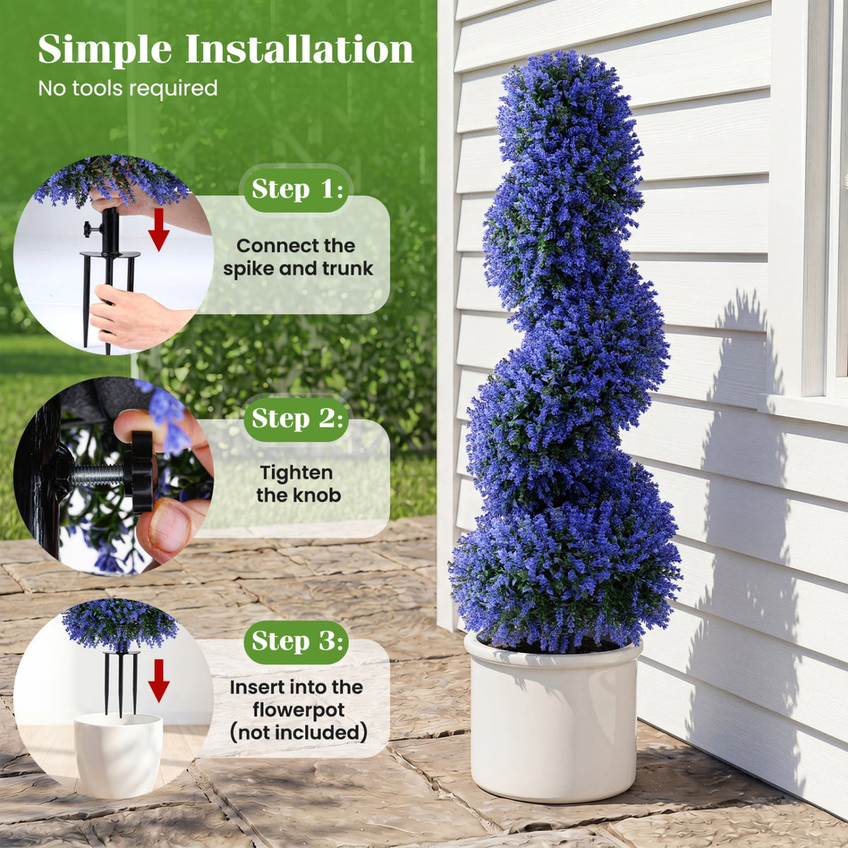 Set of 2 Artificial Spiral Topiary Trees with Sun Protection and Ground Spikes-Purple