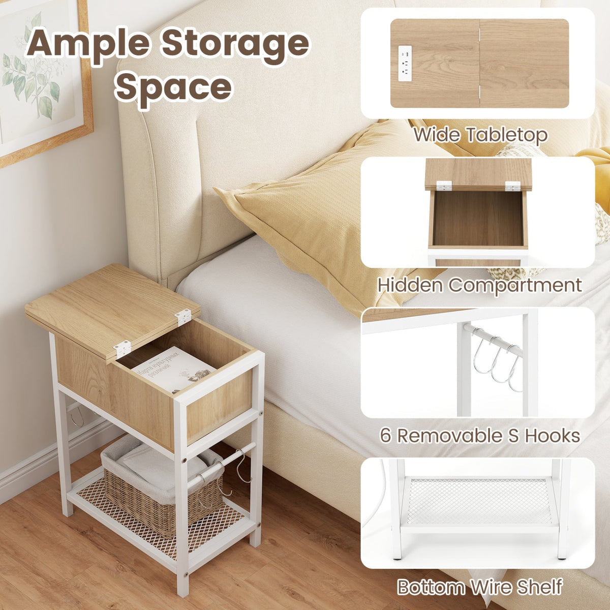 Set of 2 End Table with Charging Station and Hidden Compartment-Natural