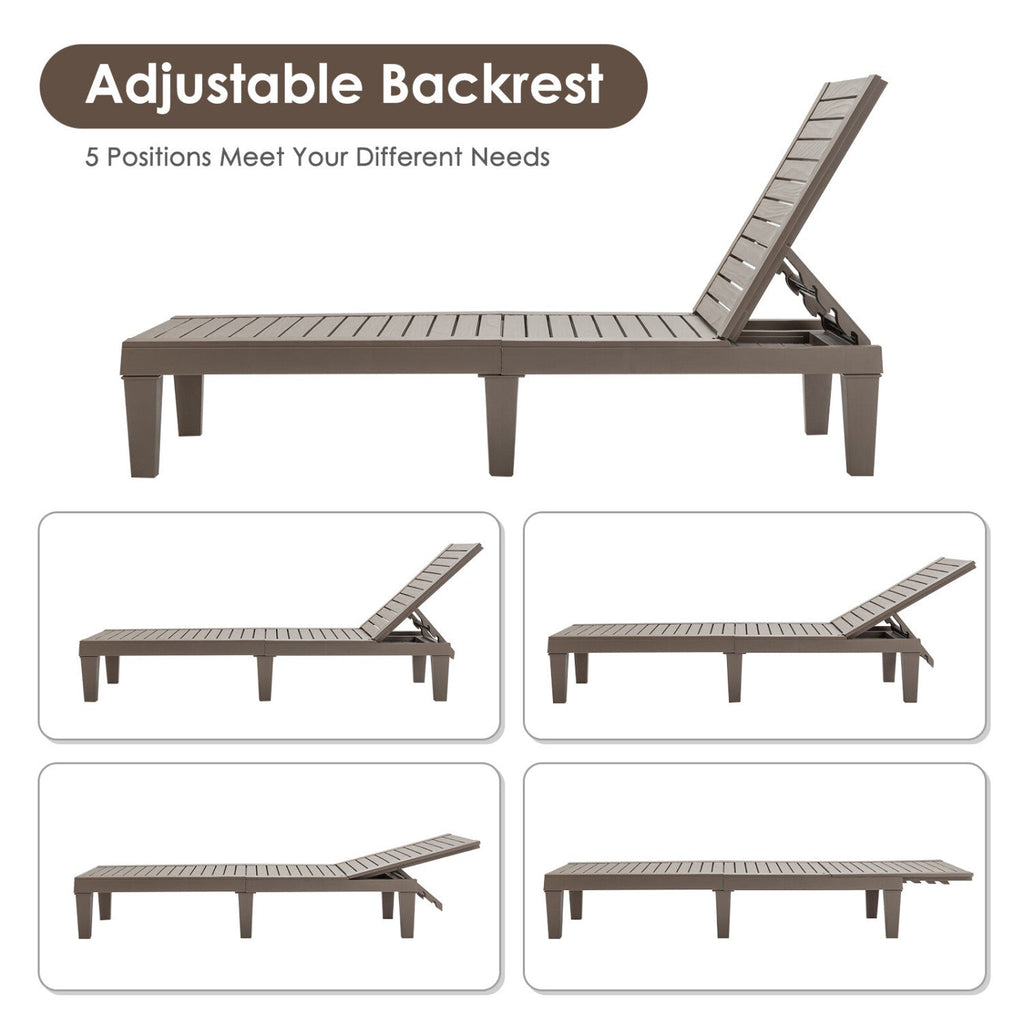 Set of 2 Slatted PP Chaise Loungers with Adjustable Backrests, Brown