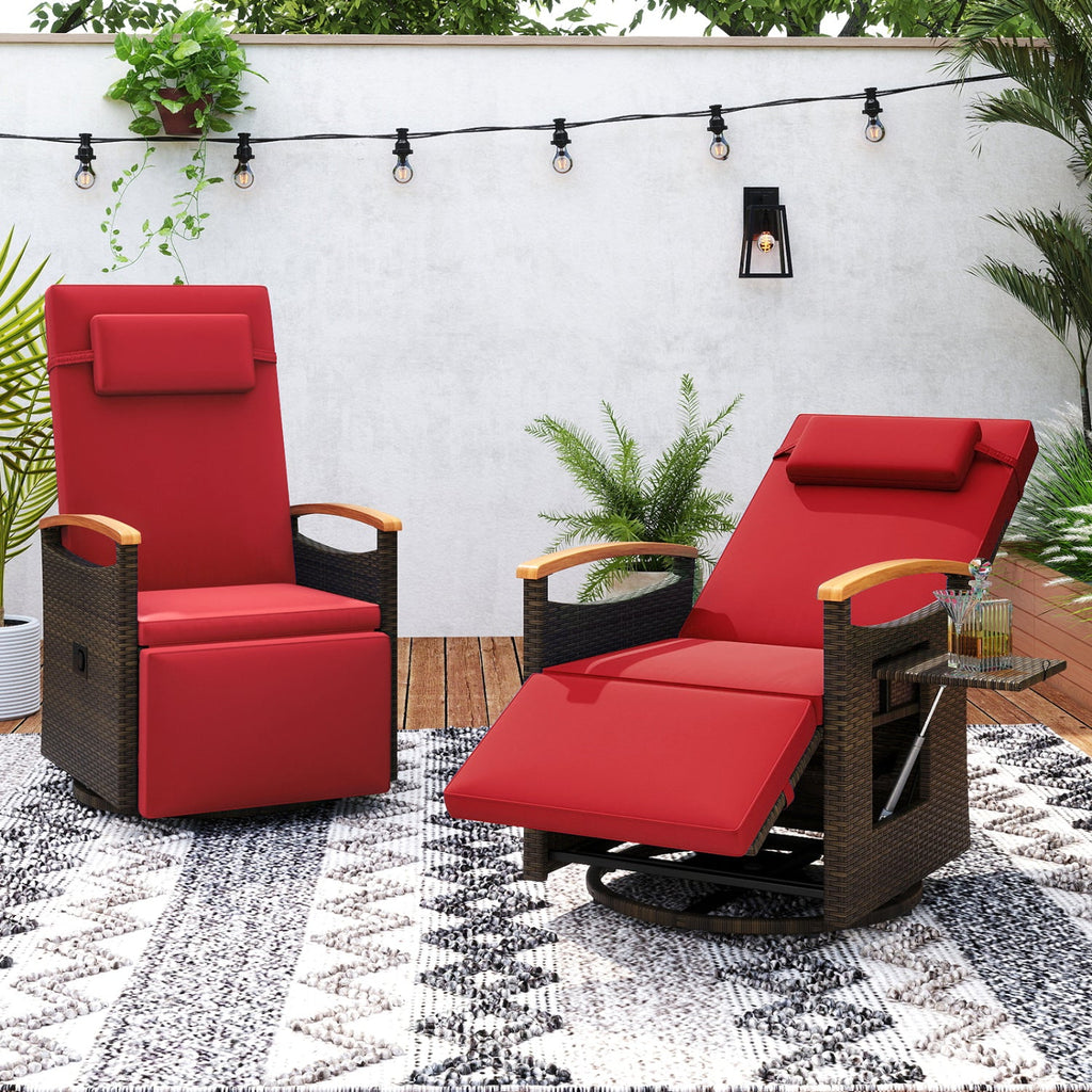 Set of 2 Wicker Swivel Recliners with Arm Tables and 400 lb Capacity, Red