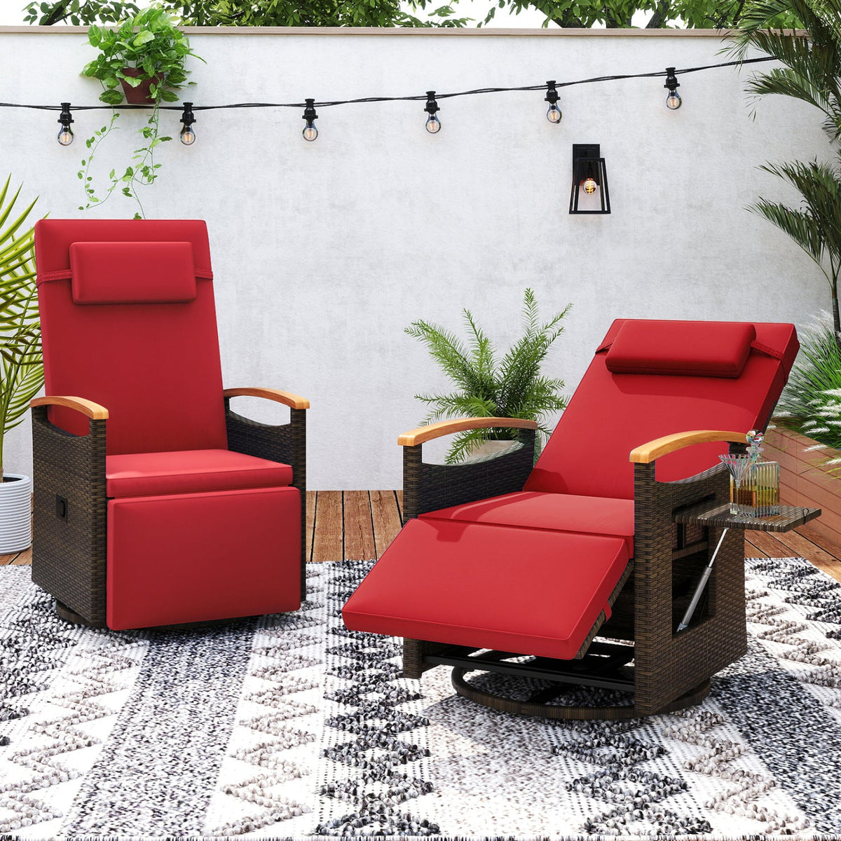 Set of 2 Wicker Swivel Recliners with Arm Tables and 400 lb Capacity, Red