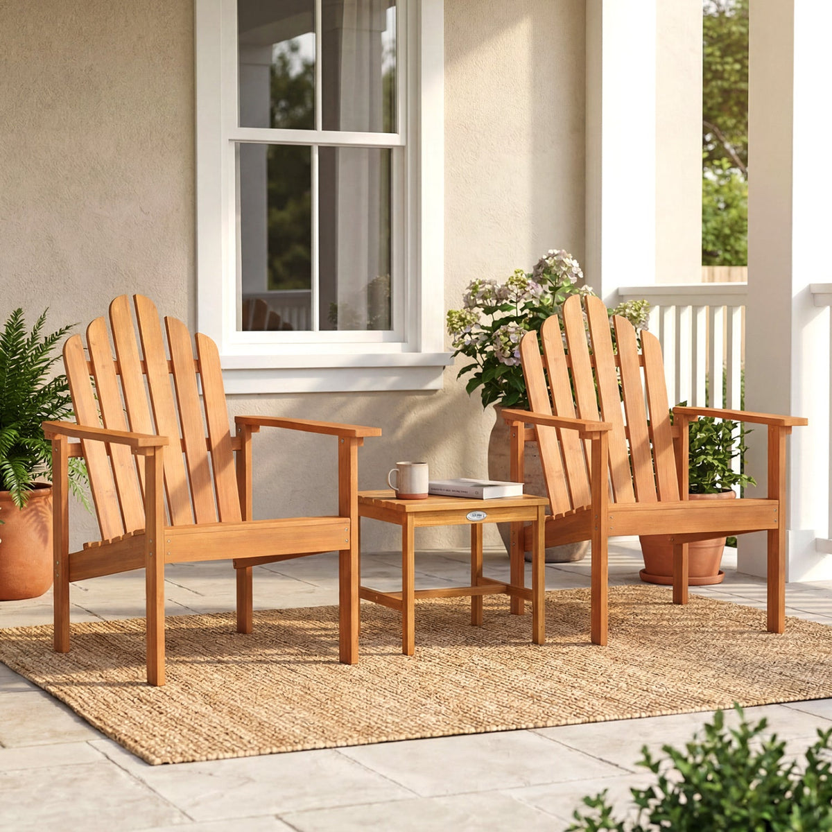 3 Piece Stackable Acacia Wood Adirondack Chair Set with Side Table, Natural