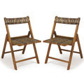 Teak Folding Chairs Set of 2 with Hand-Woven Rattan and Contoured Back