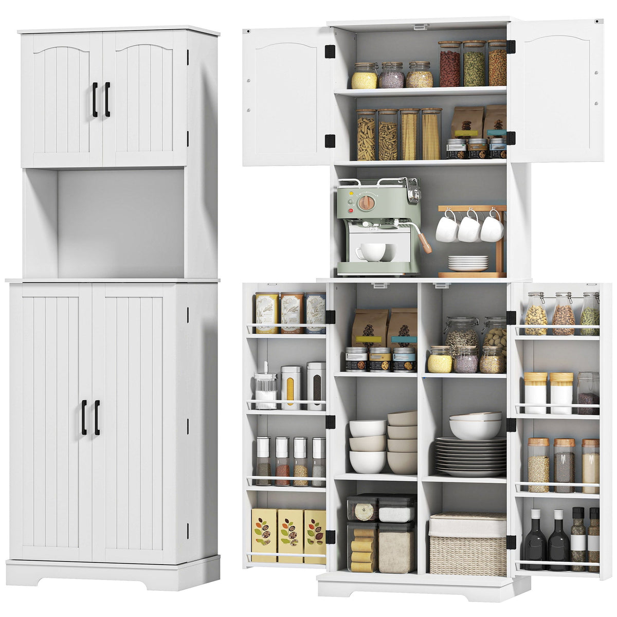 71.5" Tall Pantry Cabinet, Farmhouse Kitchen Storage Cabinet with Adjustable Shelves, 8 Door Spice Racks, Black