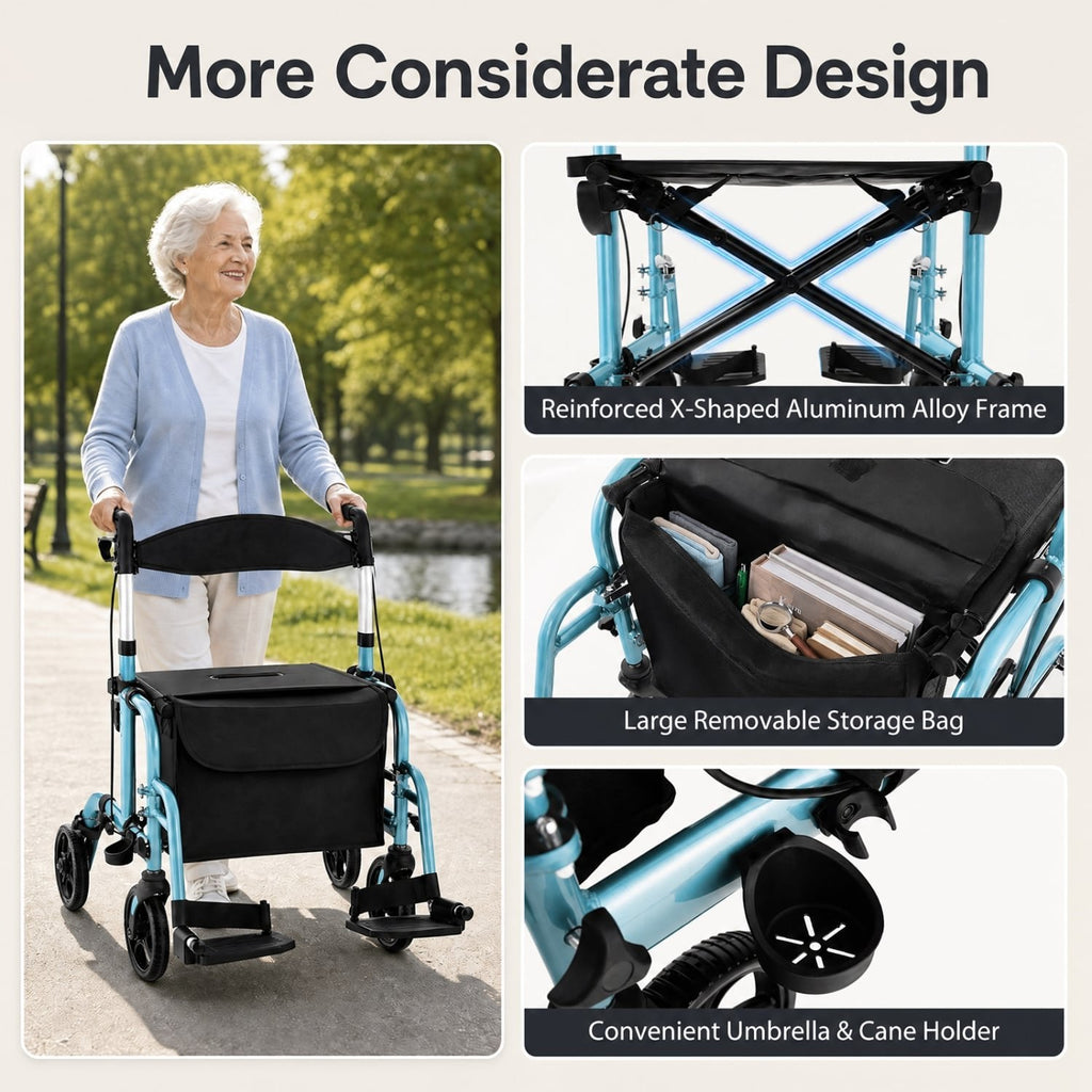 2-in-1 Adjustable Folding Handle Rollator Walker with Storage Space-Blue
