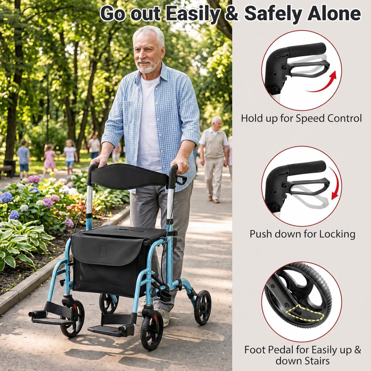 2-in-1 Adjustable Folding Handle Rollator Walker with Storage Space-Blue