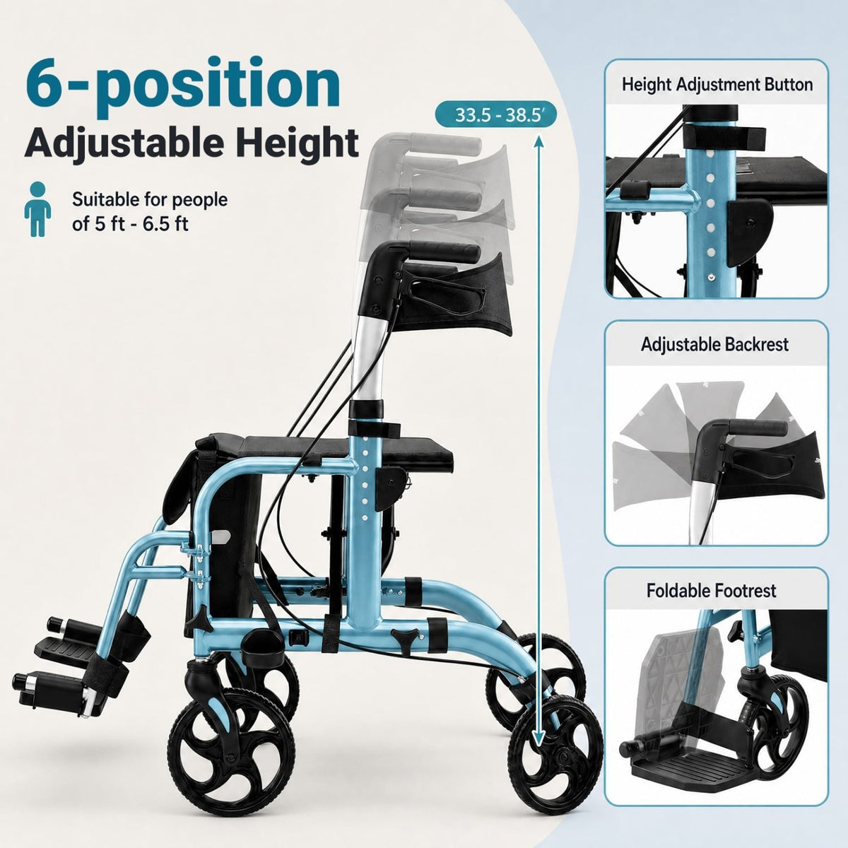 2-in-1 Adjustable Folding Handle Rollator Walker with Storage Space-Blue