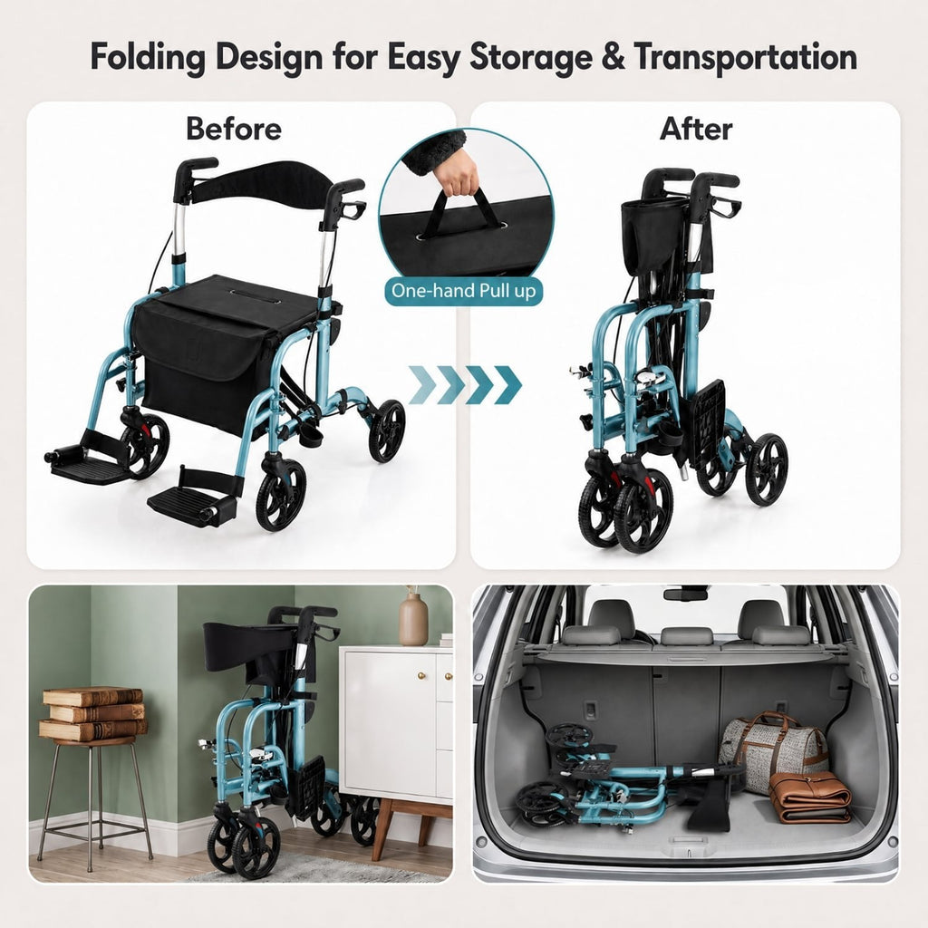 2-in-1 Adjustable Folding Handle Rollator Walker with Storage Space-Blue