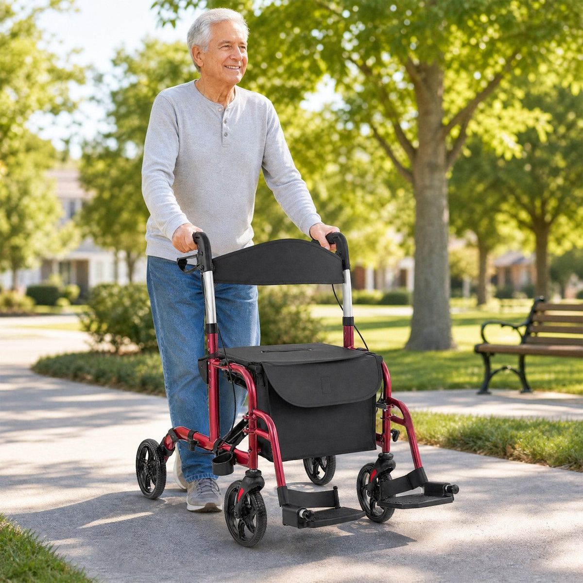 2-in-1 Adjustable Folding Handle Rollator Walker with Storage Space-Red