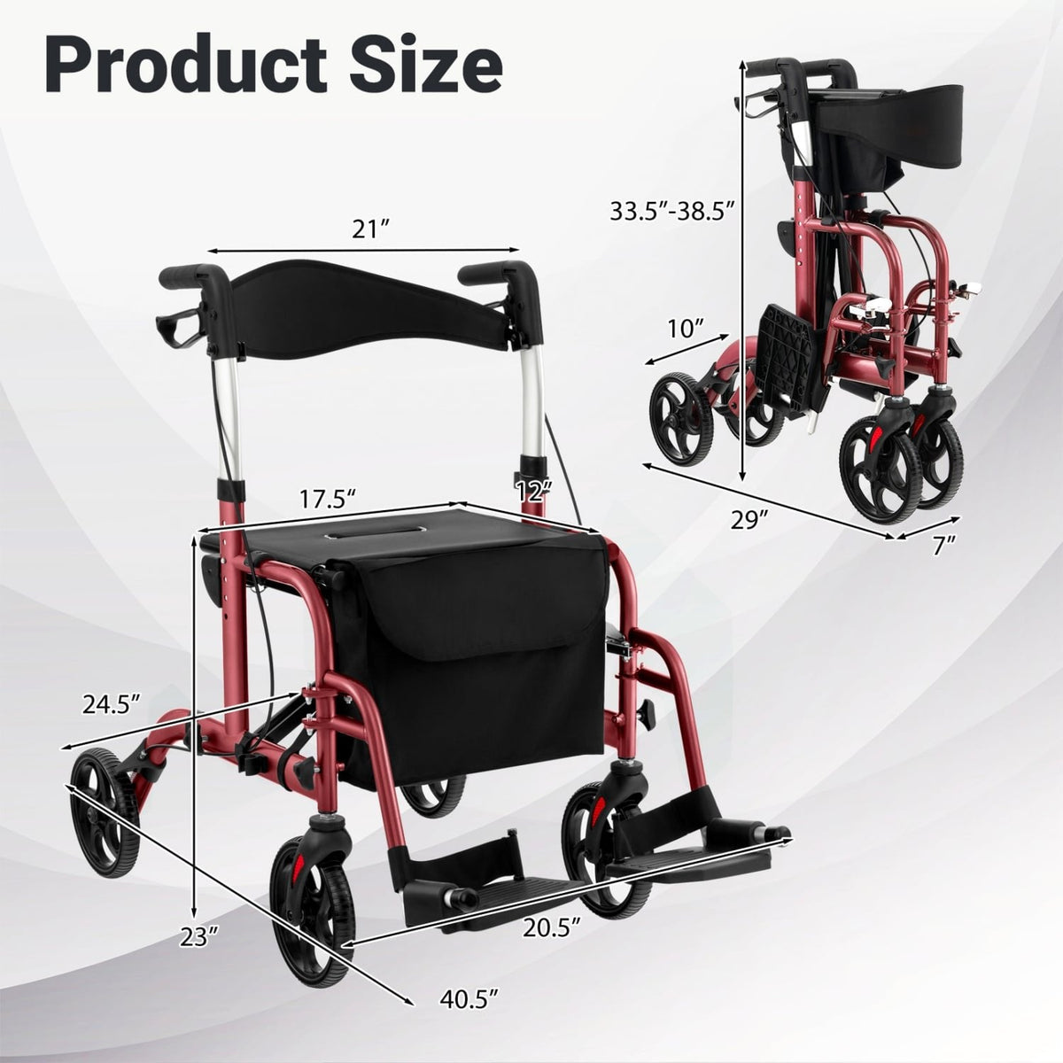 2-in-1 Adjustable Folding Handle Rollator Walker with Storage Space-Red