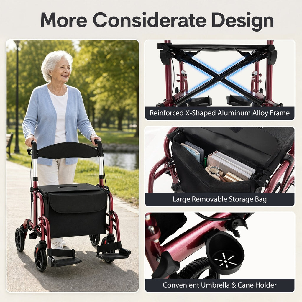 2-in-1 Adjustable Folding Handle Rollator Walker with Storage Space-Red